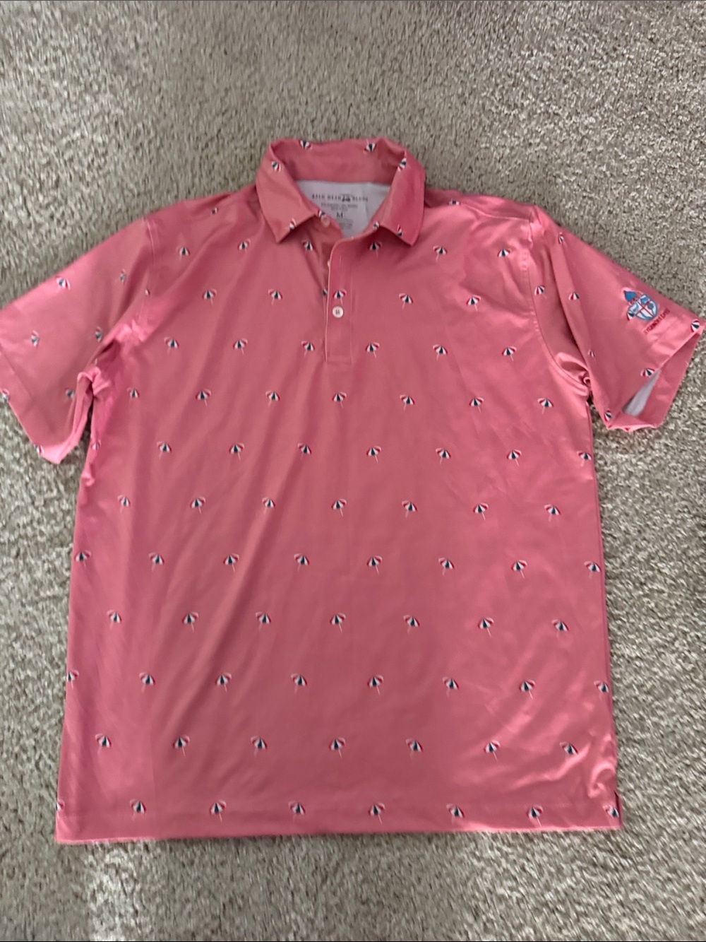 Men's Coral Pink Performance Polo with Micro Umbrella Print